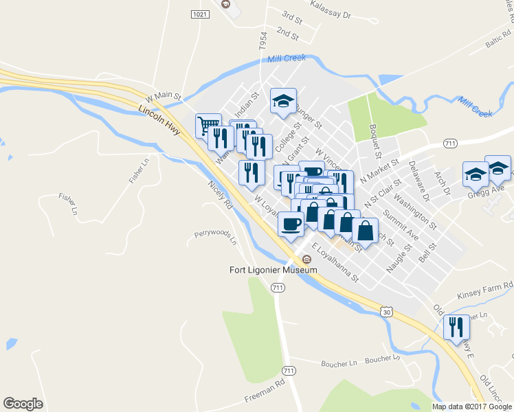 map of restaurants, bars, coffee shops, grocery stores, and more near 266 Angela Lane in Ligonier