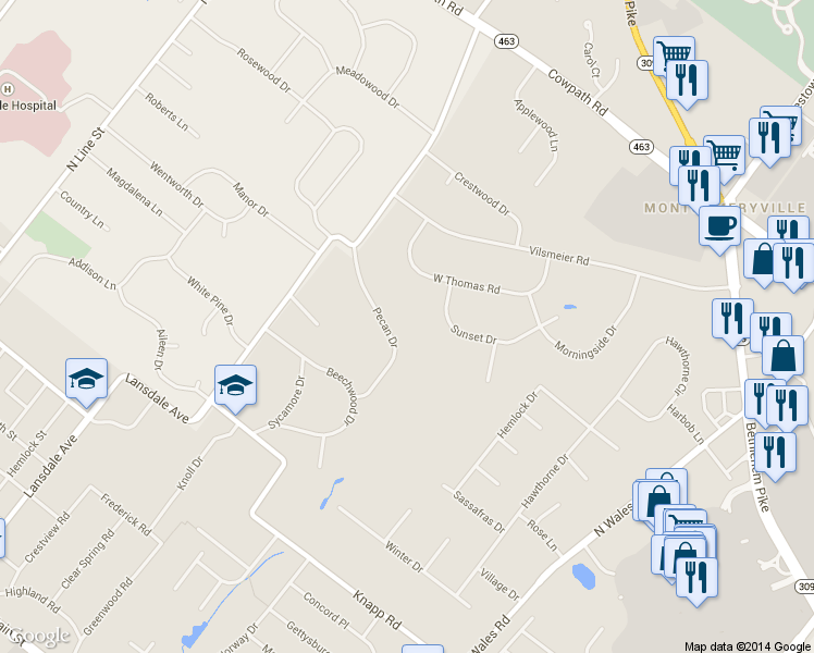 map of restaurants, bars, coffee shops, grocery stores, and more near 1025 Pecan Dr in Lansdale