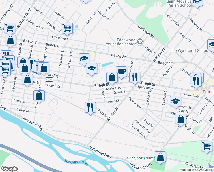 map of restaurants, bars, coffee shops, grocery stores, and more near 866 East High Street in Pottstown