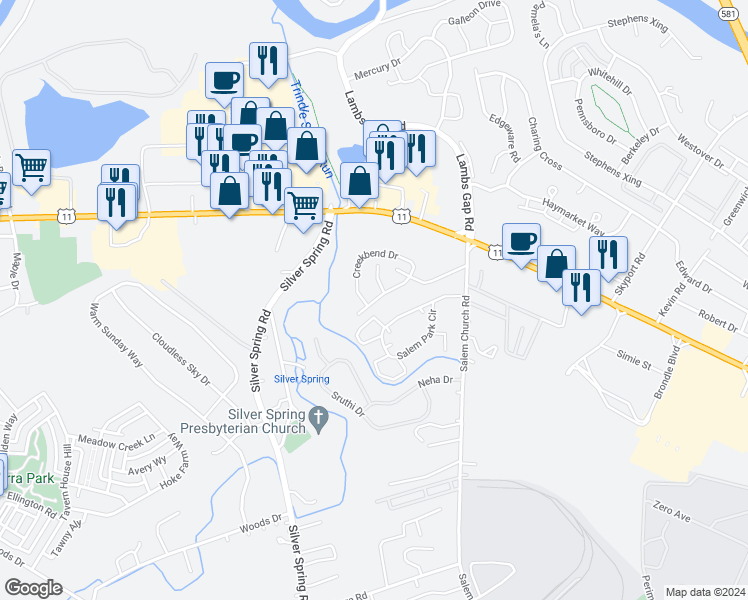 map of restaurants, bars, coffee shops, grocery stores, and more near 6449 Creekbend Drive in Cumberland County