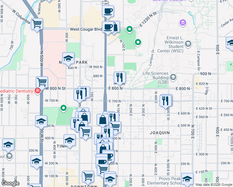 map of restaurants, bars, coffee shops, grocery stores, and more near 745 North 100 East in Provo