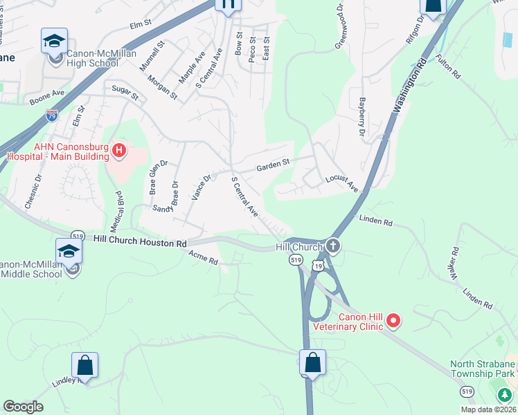map of restaurants, bars, coffee shops, grocery stores, and more near 938 South Central Avenue in Canonsburg