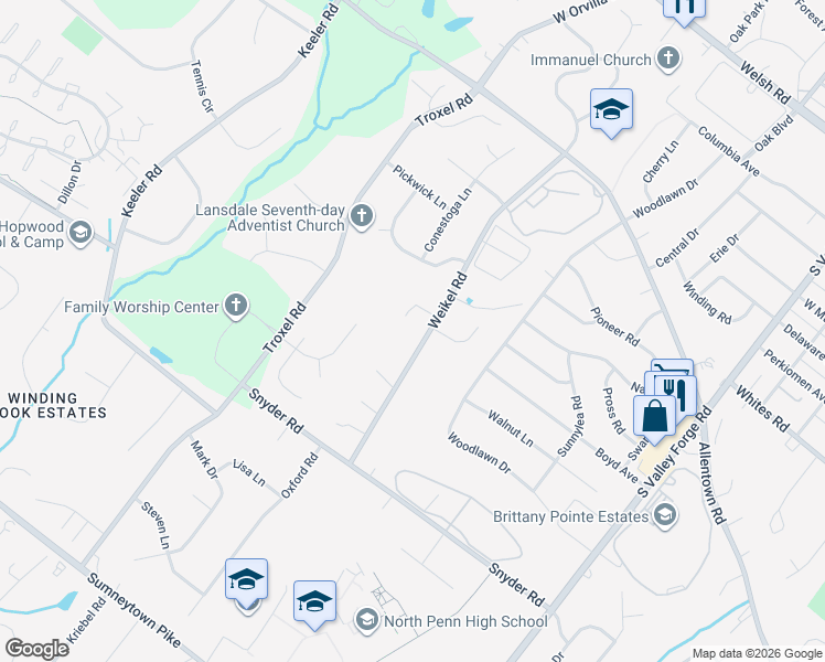 map of restaurants, bars, coffee shops, grocery stores, and more near 888 Weikel Road in Lansdale