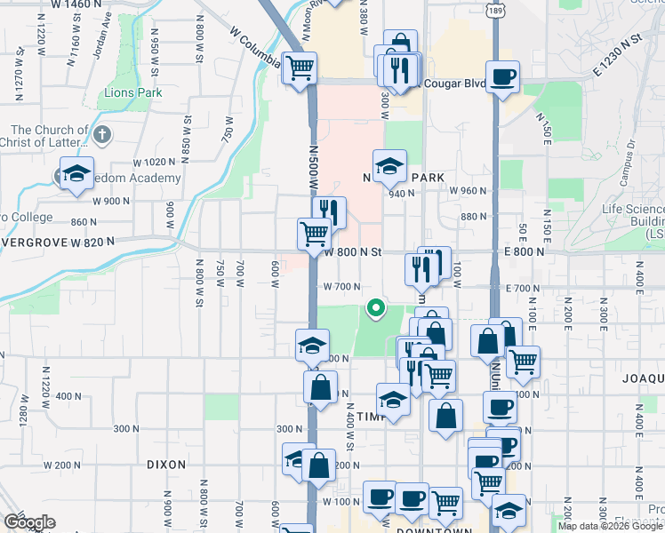 map of restaurants, bars, coffee shops, grocery stores, and more near 734 440 West in Provo