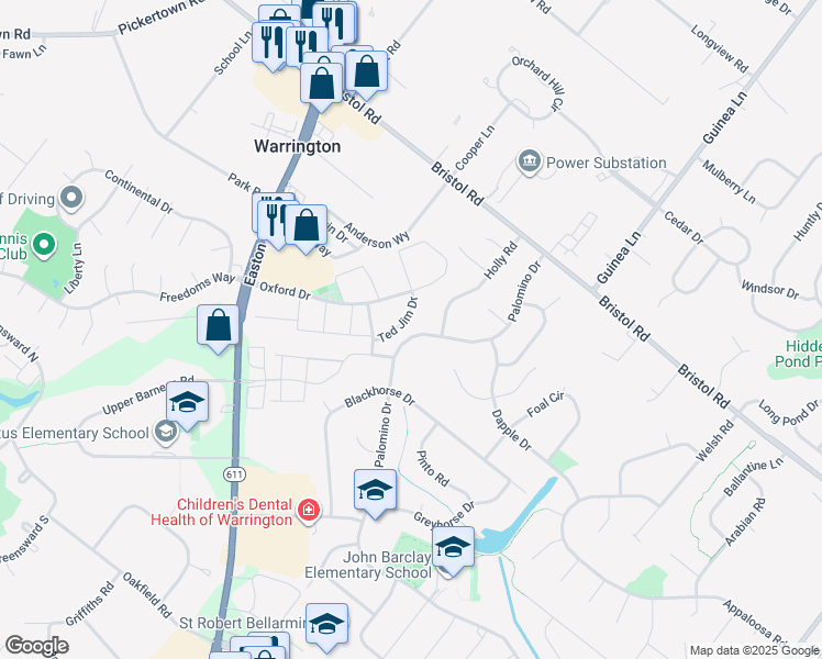 map of restaurants, bars, coffee shops, grocery stores, and more near 2217 Palomino Drive in Warrington
