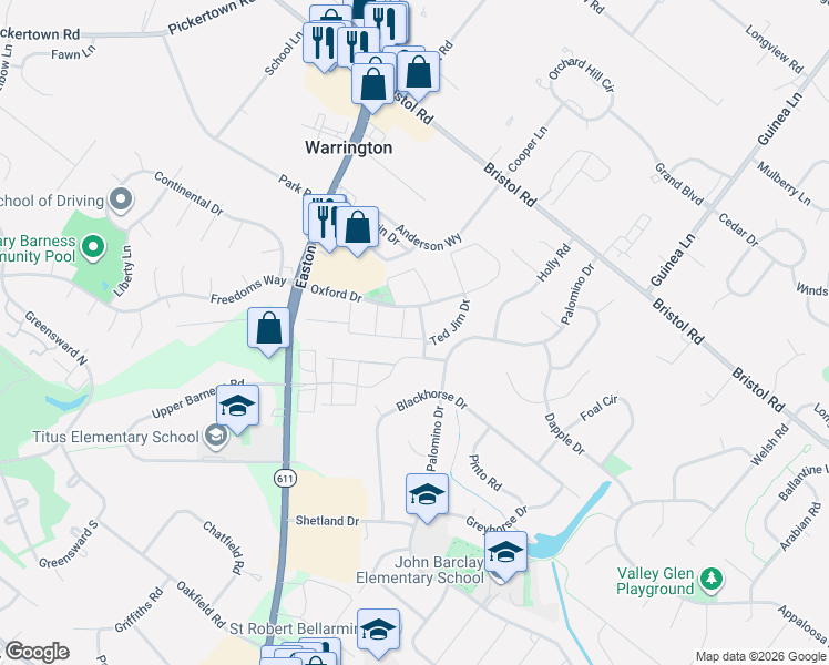 map of restaurants, bars, coffee shops, grocery stores, and more near 2214 Pileggi Road in Warrington