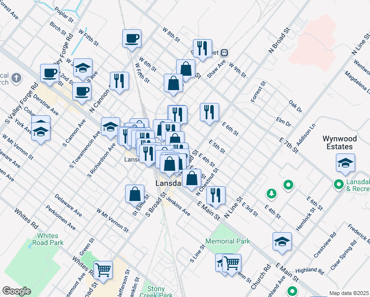 map of restaurants, bars, coffee shops, grocery stores, and more near 300 North Broad Street in Lansdale