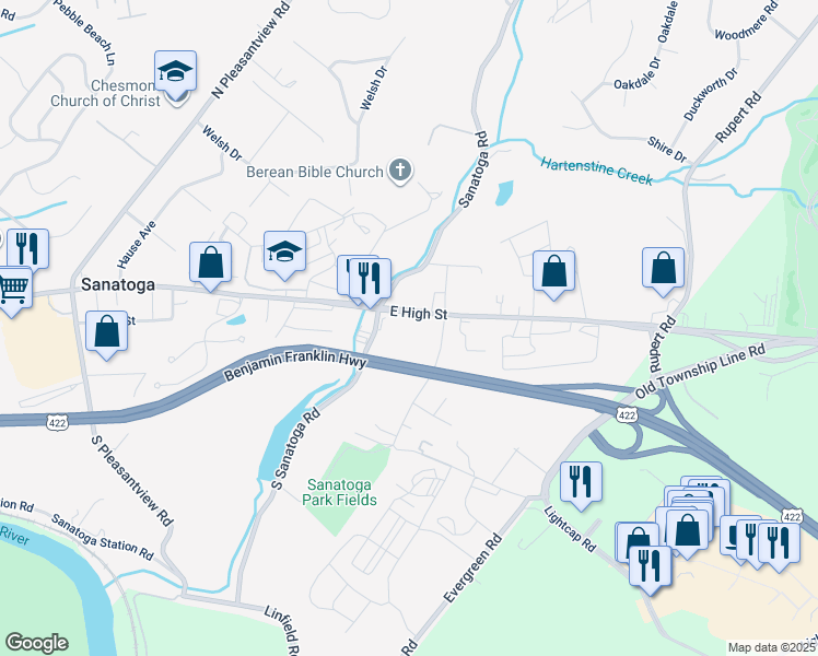 map of restaurants, bars, coffee shops, grocery stores, and more near 2766 East High Street in Pottstown