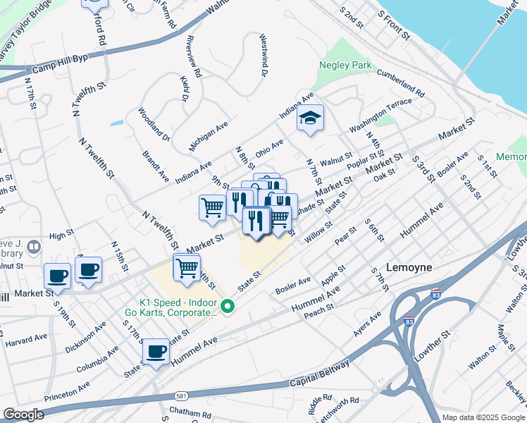 map of restaurants, bars, coffee shops, grocery stores, and more near 875 Market Street in Lemoyne