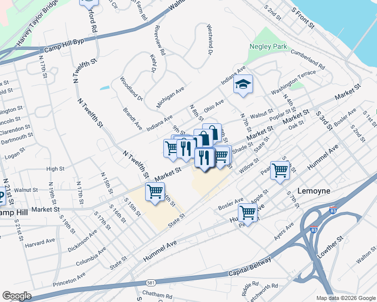 map of restaurants, bars, coffee shops, grocery stores, and more near 36 North 10th Street in Lemoyne