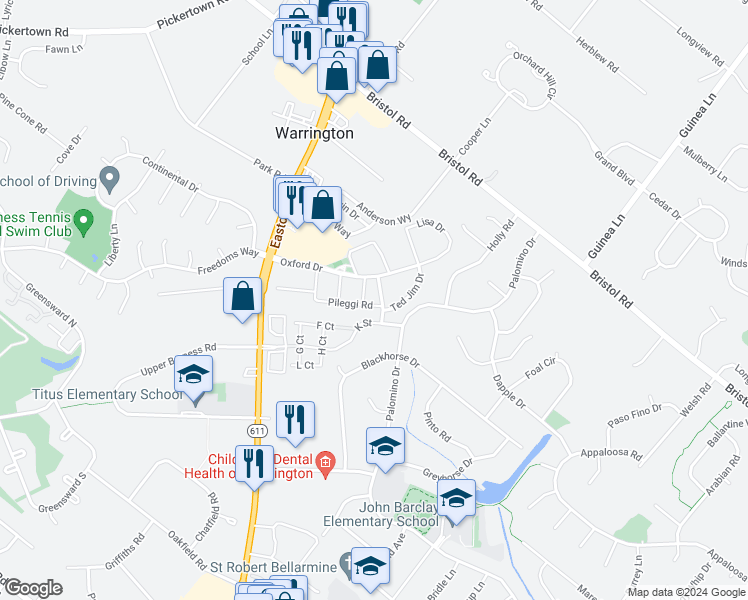 map of restaurants, bars, coffee shops, grocery stores, and more near 2203 Pileggi Road in Warrington