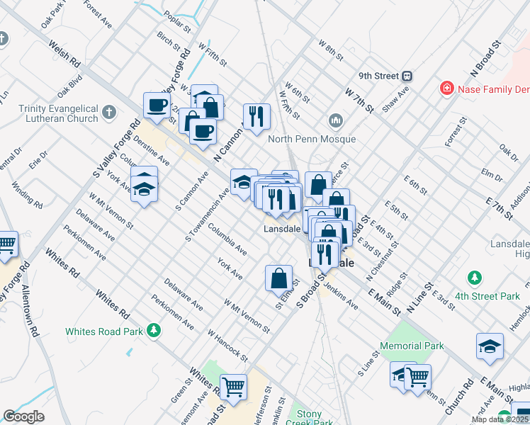 map of restaurants, bars, coffee shops, grocery stores, and more near 408 West Main Street in Lansdale