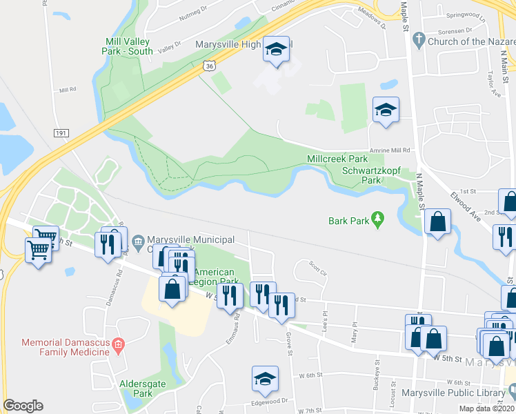 map of restaurants, bars, coffee shops, grocery stores, and more near 580 Park Avenue in Marysville
