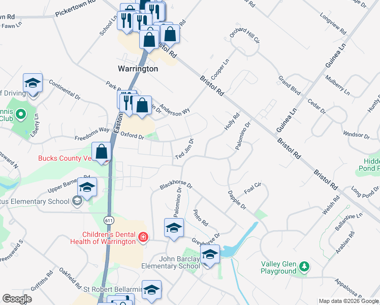 map of restaurants, bars, coffee shops, grocery stores, and more near 2217 Palomino Drive in Warrington