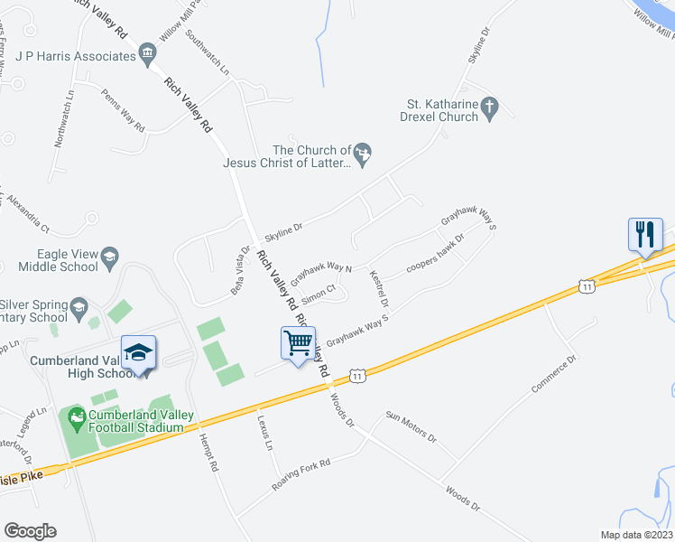 map of restaurants, bars, coffee shops, grocery stores, and more near 61 Simon Court in Mechanicsburg
