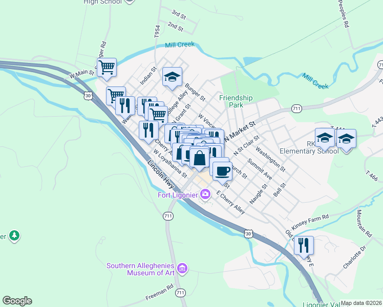 map of restaurants, bars, coffee shops, grocery stores, and more near 137 West Main Street in Ligonier