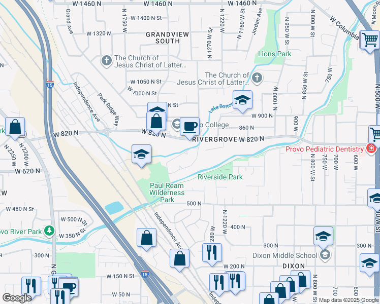 map of restaurants, bars, coffee shops, grocery stores, and more near 1421 Arthur Drive in Provo
