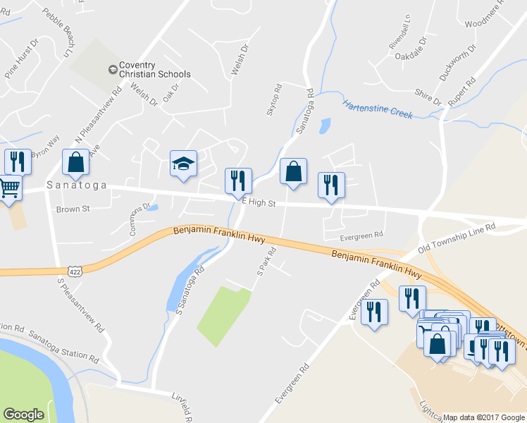 map of restaurants, bars, coffee shops, grocery stores, and more near 2766 East High Street in Pottstown