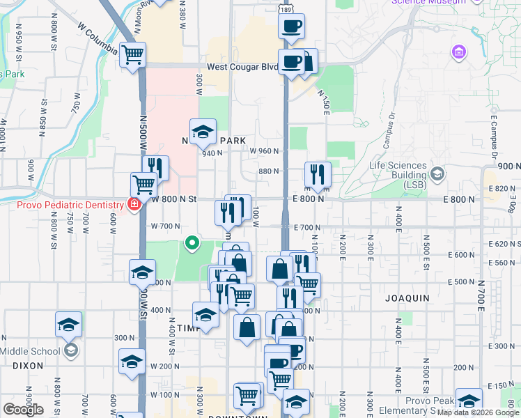map of restaurants, bars, coffee shops, grocery stores, and more near 738 100 West in Provo