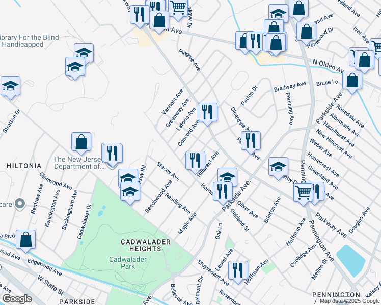 map of restaurants, bars, coffee shops, grocery stores, and more near 318 Beechwood Avenue in Ewing Township