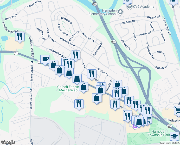 map of restaurants, bars, coffee shops, grocery stores, and more near 6038 Edward Drive in Cumberland County