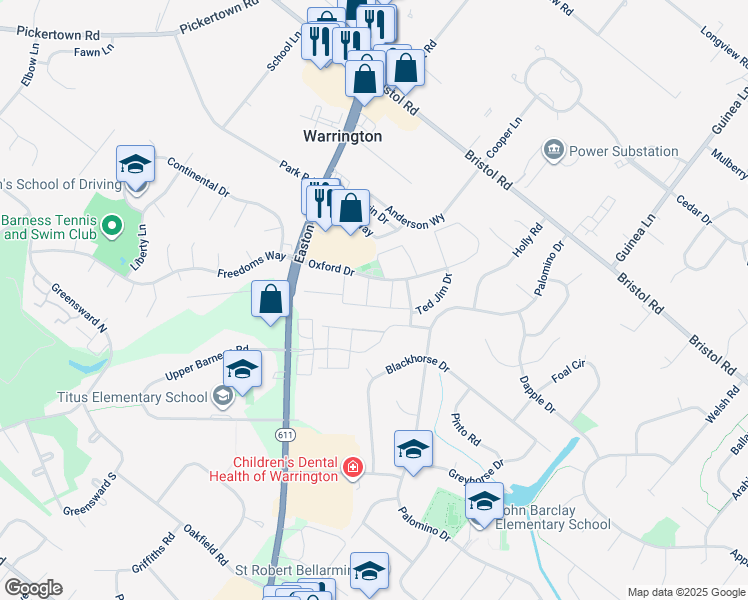 map of restaurants, bars, coffee shops, grocery stores, and more near 2235 Pileggi Road in Warrington