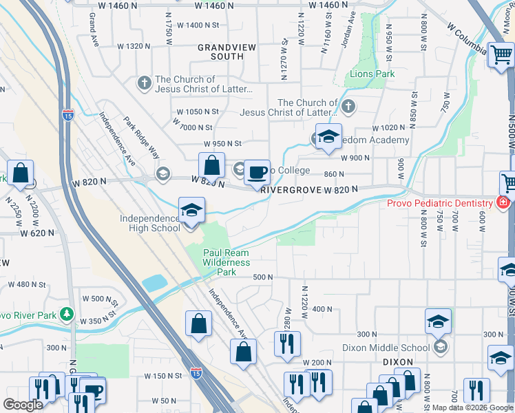 map of restaurants, bars, coffee shops, grocery stores, and more near 1423 Arthur Drive in Provo