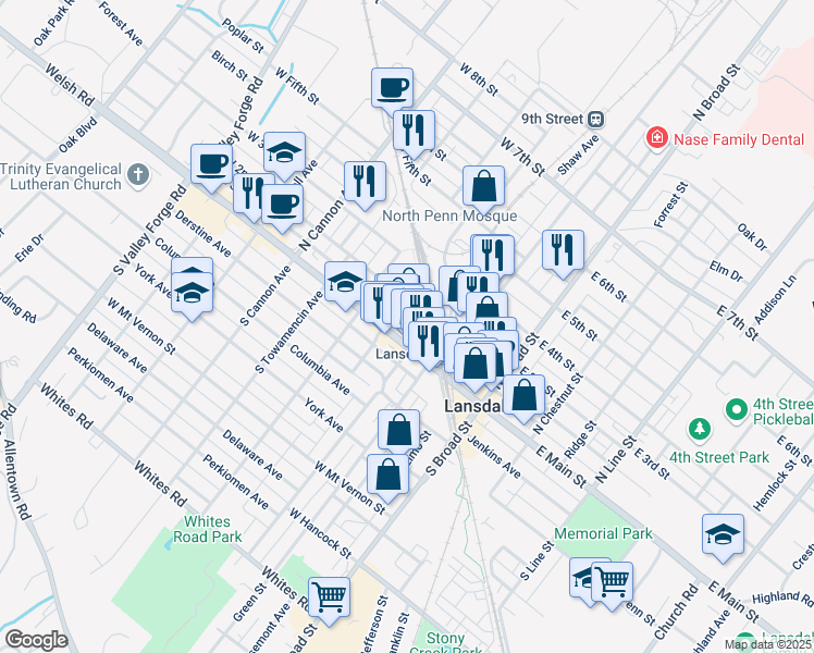 map of restaurants, bars, coffee shops, grocery stores, and more near in Lansdale