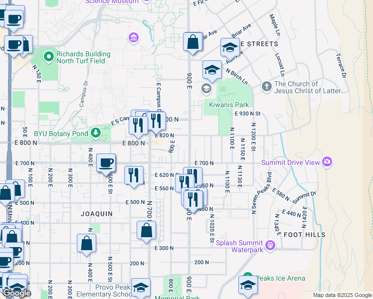 map of restaurants, bars, coffee shops, grocery stores, and more near 727 900 East in Provo