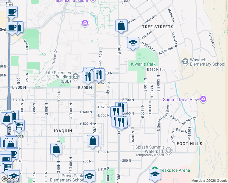 map of restaurants, bars, coffee shops, grocery stores, and more near 727 900 East in Provo