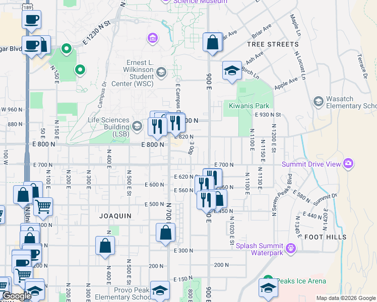 map of restaurants, bars, coffee shops, grocery stores, and more near 788 East 750 North Street in Provo