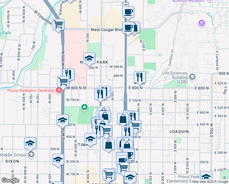 map of restaurants, bars, coffee shops, grocery stores, and more near 738 100 West in Provo