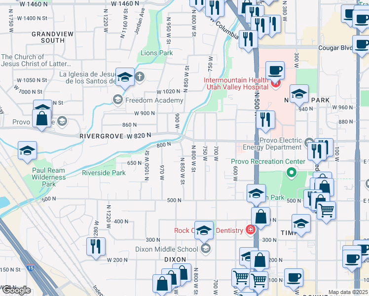 map of restaurants, bars, coffee shops, grocery stores, and more near 824 700 North in Provo