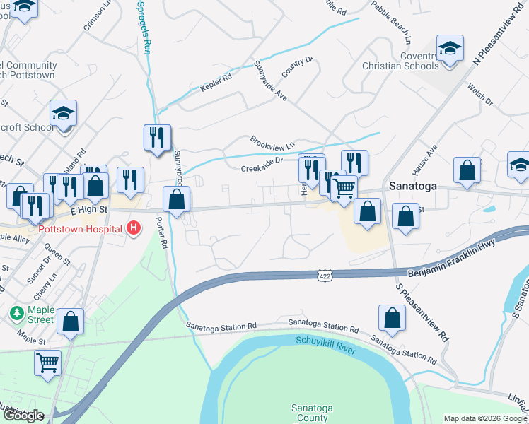 map of restaurants, bars, coffee shops, grocery stores, and more near 2088 State Route 4031 in Sanatoga