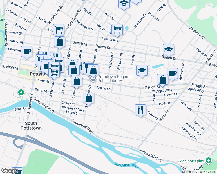 map of restaurants, bars, coffee shops, grocery stores, and more near 61 South Adams Street in Pottstown