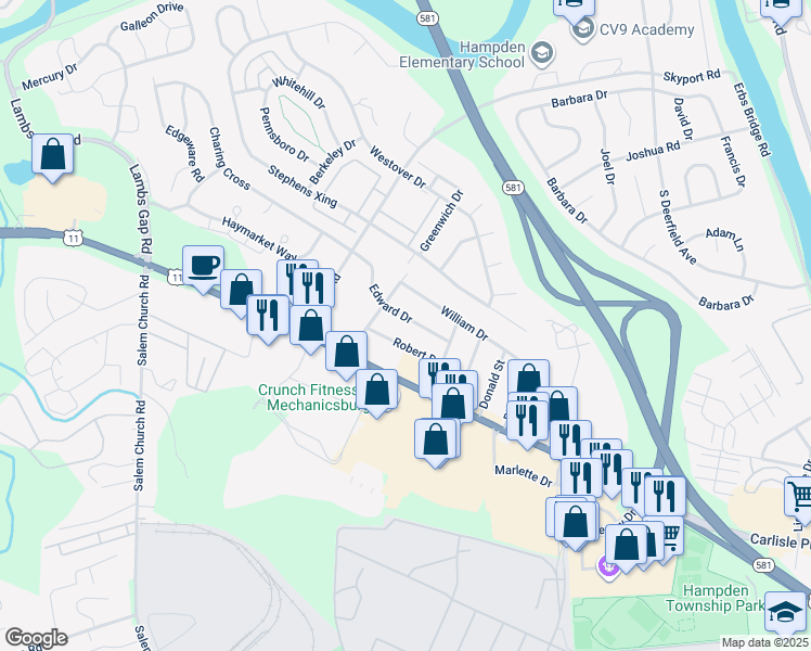 map of restaurants, bars, coffee shops, grocery stores, and more near 6038 Edward Drive in Cumberland County