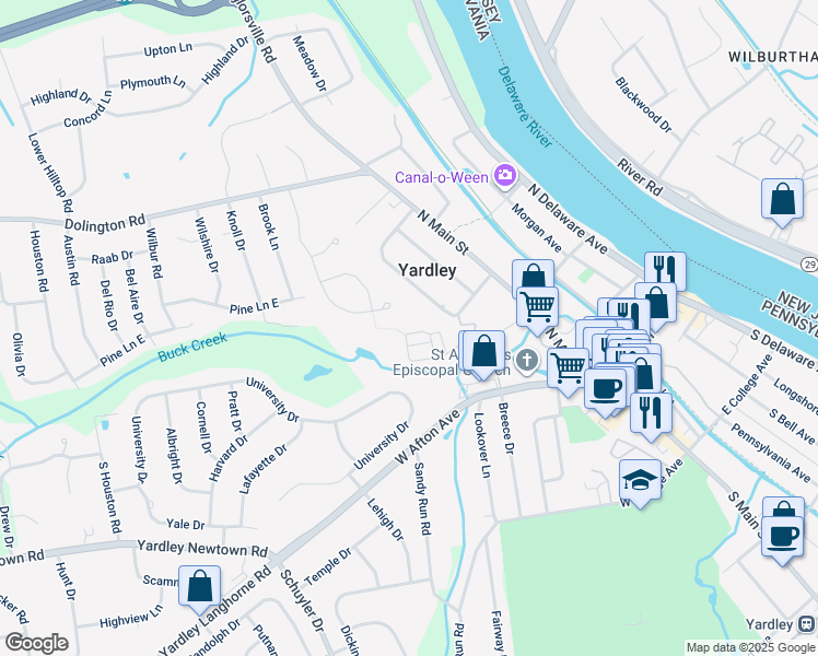 map of restaurants, bars, coffee shops, grocery stores, and more near 63 Creekview Lane in Yardley
