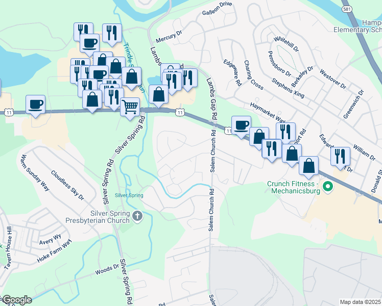 map of restaurants, bars, coffee shops, grocery stores, and more near 6311 Salem Park Circle in Mechanicsburg