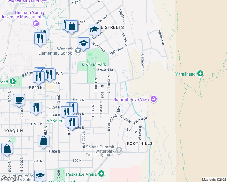 map of restaurants, bars, coffee shops, grocery stores, and more near 753 North 1250 East in Provo