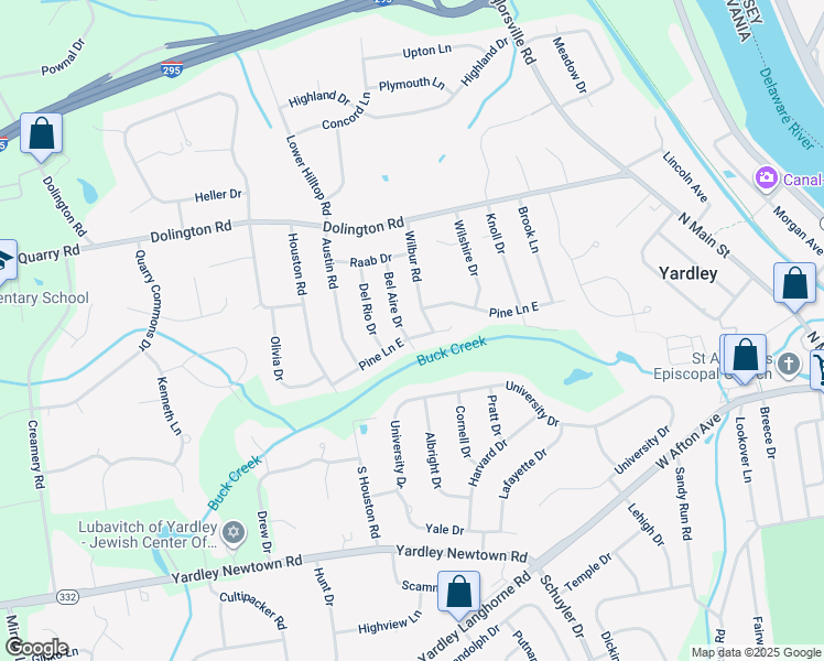 map of restaurants, bars, coffee shops, grocery stores, and more near 142 Pine Lane East in Yardley