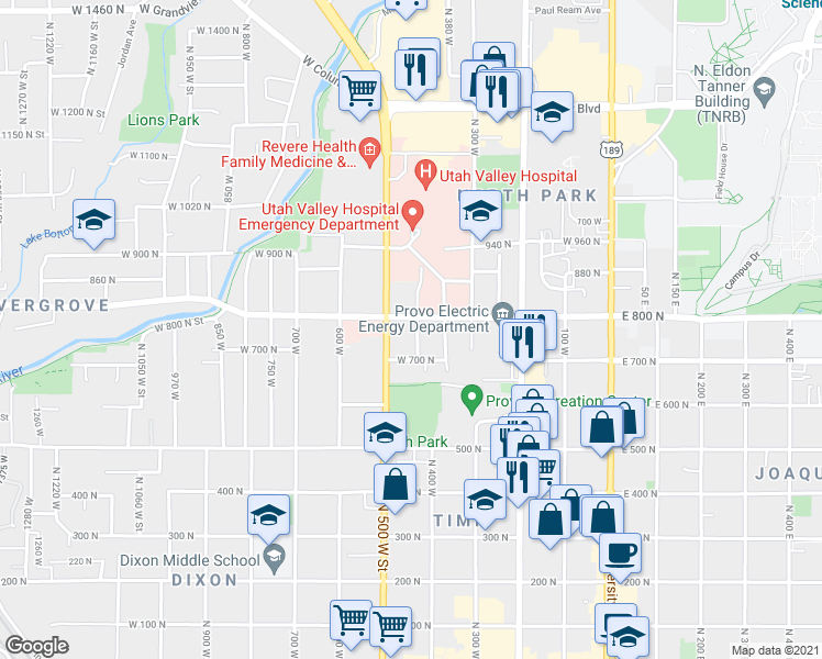 map of restaurants, bars, coffee shops, grocery stores, and more near 775 440 West in Provo