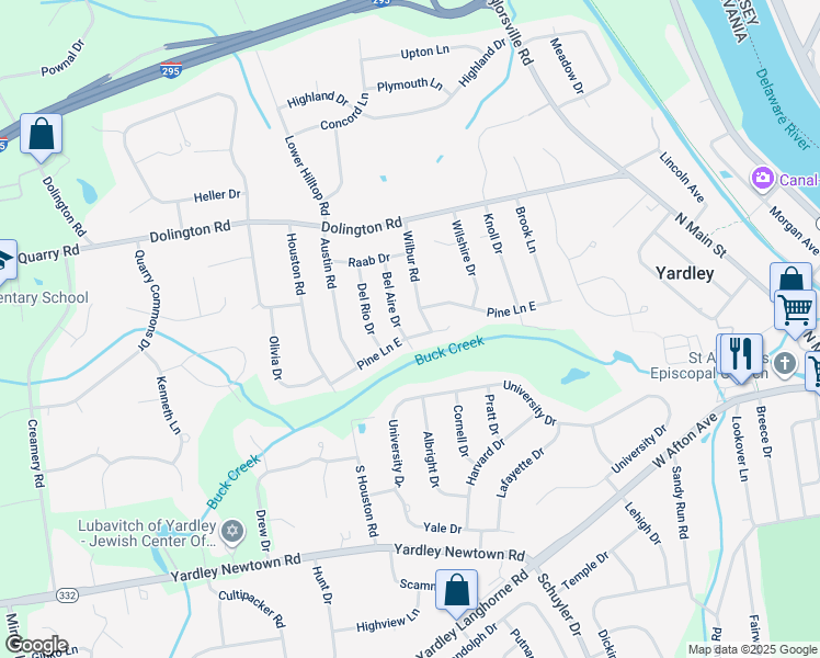 map of restaurants, bars, coffee shops, grocery stores, and more near 142 Pine Lane East in Yardley