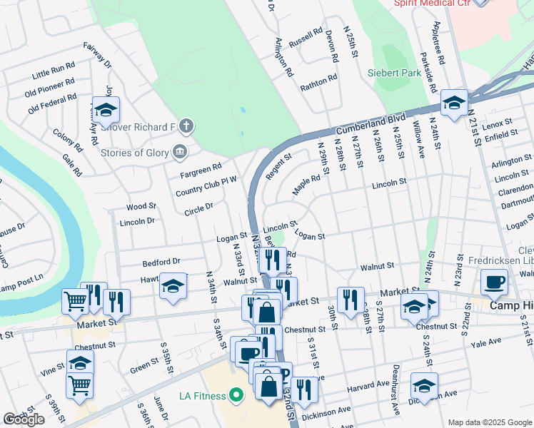 map of restaurants, bars, coffee shops, grocery stores, and more near 325 Beverly Road in Camp Hill