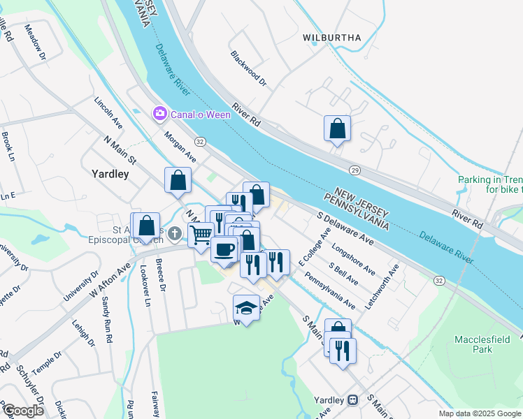 map of restaurants, bars, coffee shops, grocery stores, and more near 54 Ferry Street in Yardley