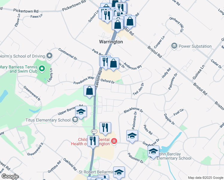 map of restaurants, bars, coffee shops, grocery stores, and more near 2244 Pileggi Road in Warrington