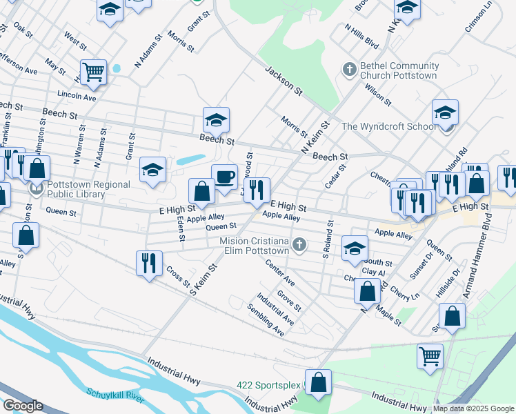 map of restaurants, bars, coffee shops, grocery stores, and more near 15 South Keim Street in Pottstown