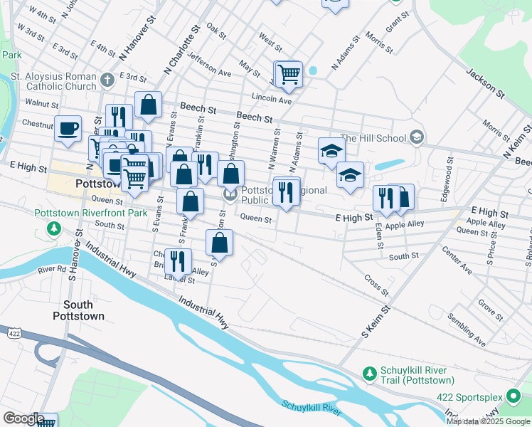 map of restaurants, bars, coffee shops, grocery stores, and more near 61 South Adams Street in Pottstown