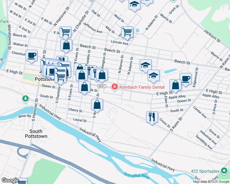 map of restaurants, bars, coffee shops, grocery stores, and more near 25-27 South Court in Pottstown