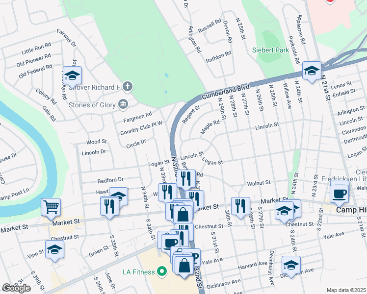 map of restaurants, bars, coffee shops, grocery stores, and more near 325 Beverly Road in Camp Hill