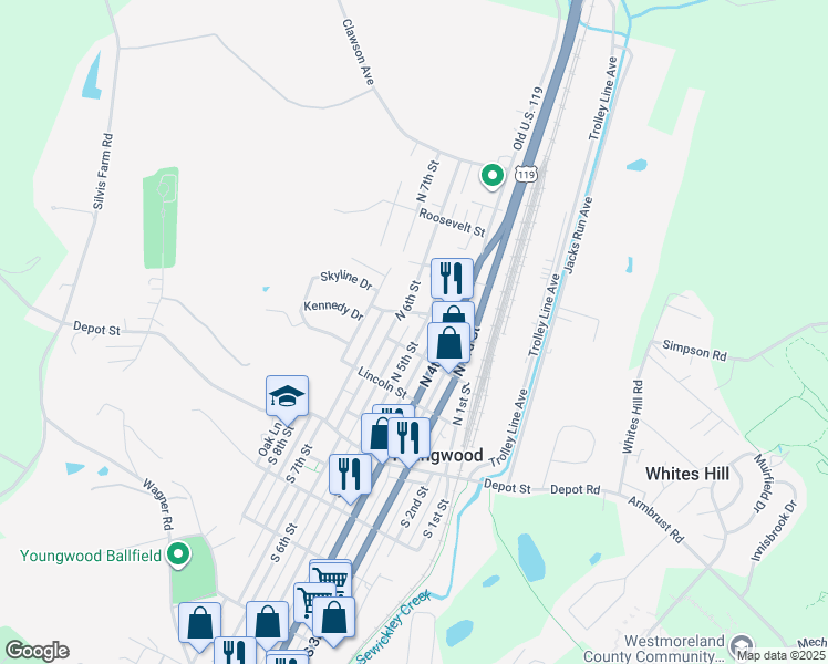 map of restaurants, bars, coffee shops, grocery stores, and more near 219 North 5th Street in Youngwood
